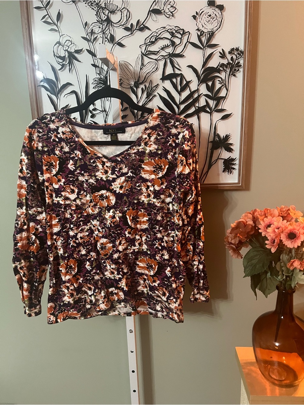 New York Laundry Purple Brown Orange Floral V-Neck Long Sleeve Cotton Top Size M